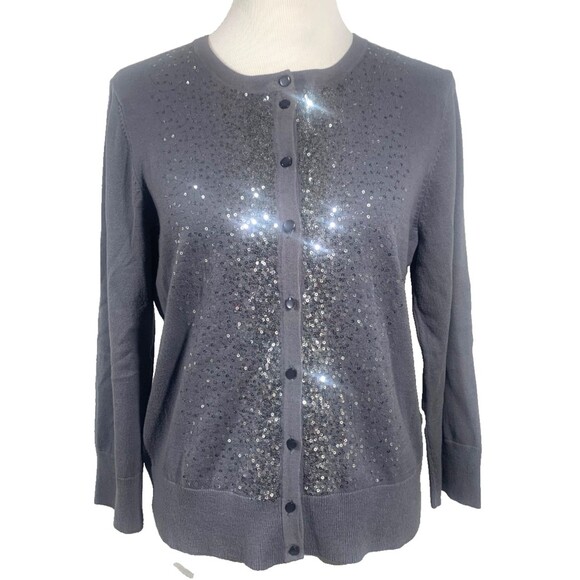 Cable & Gauge Sequin Cardigan Sweater Gray Silver 3/4 Sleeves Womens L - Picture 1 of 9
